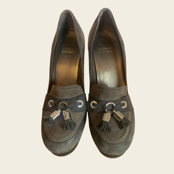 Stuart Weitzman Tasseled Platform Heeled Loafers Slip On Gray Suede Leather 7M - Picture 2 of 8